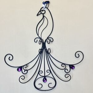 Vintage Black Metal Wall Sculpture Peacock Vibrant Purple Blue MCM Unique